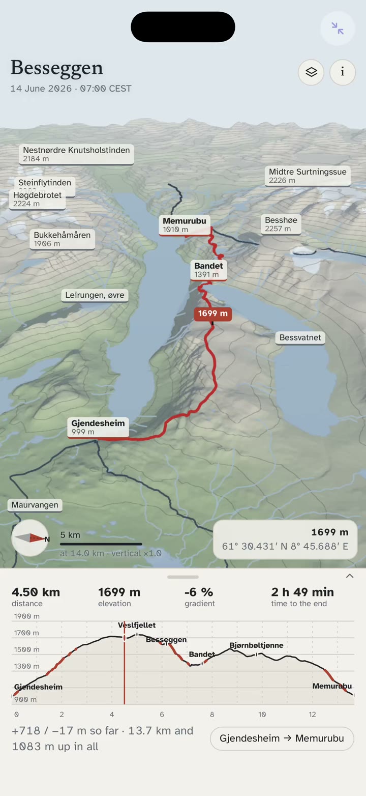Besseggen in full screen in Snuggery: the ridge in 3D from open terrain data