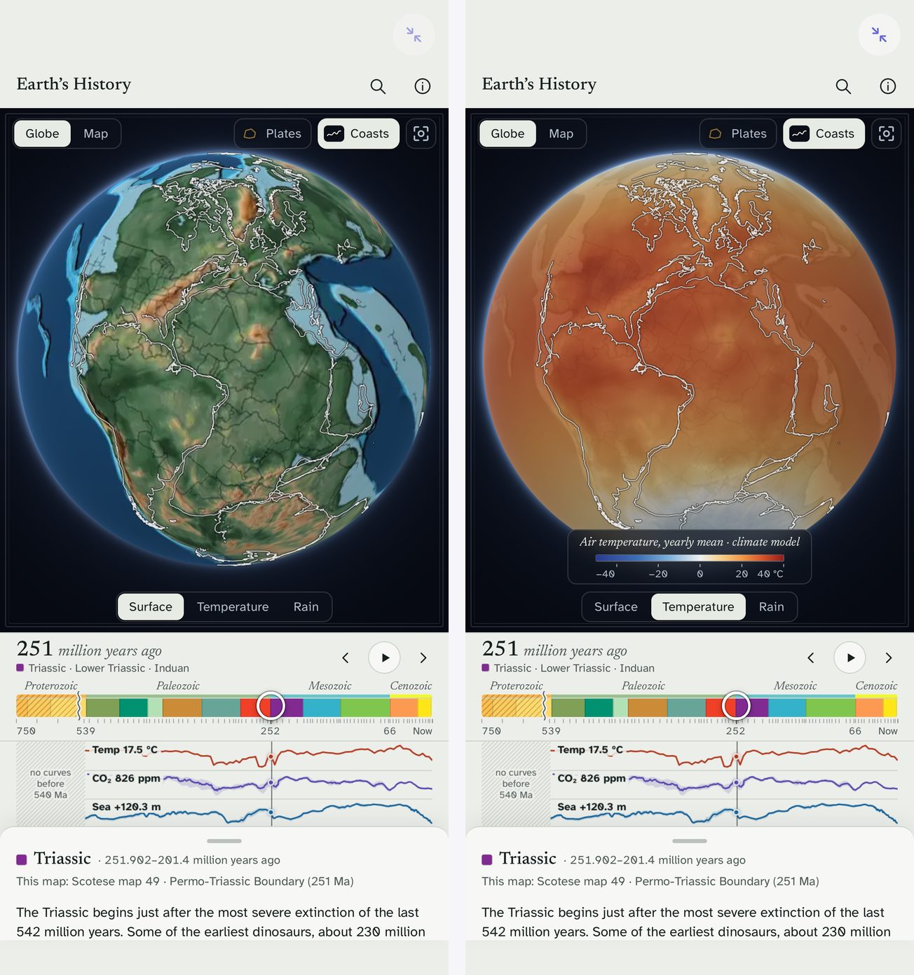 Earth's History in Snuggery: the opening, 750 million years played map by map, and the Permo-Triassic globe with the temperature lens