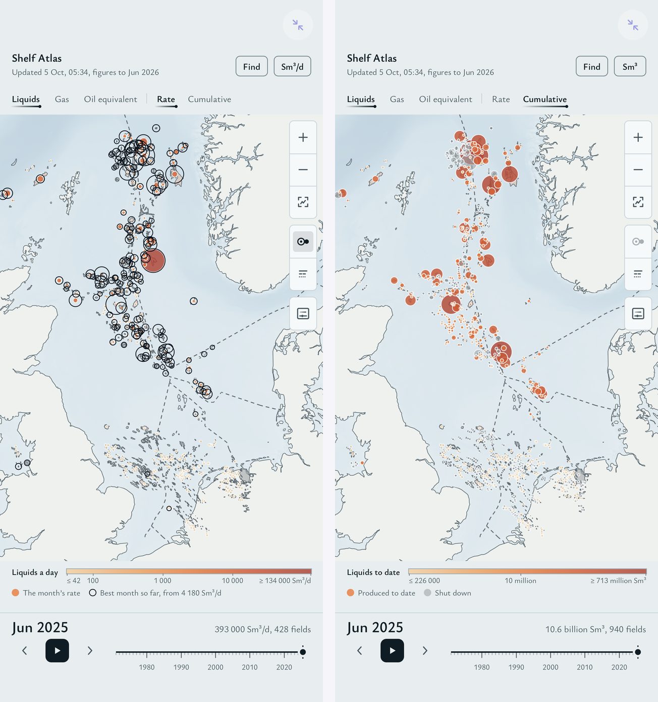 Shelf Atlas in Snuggery: the North Sea's fields, platforms and pipelines, and the month scrubber