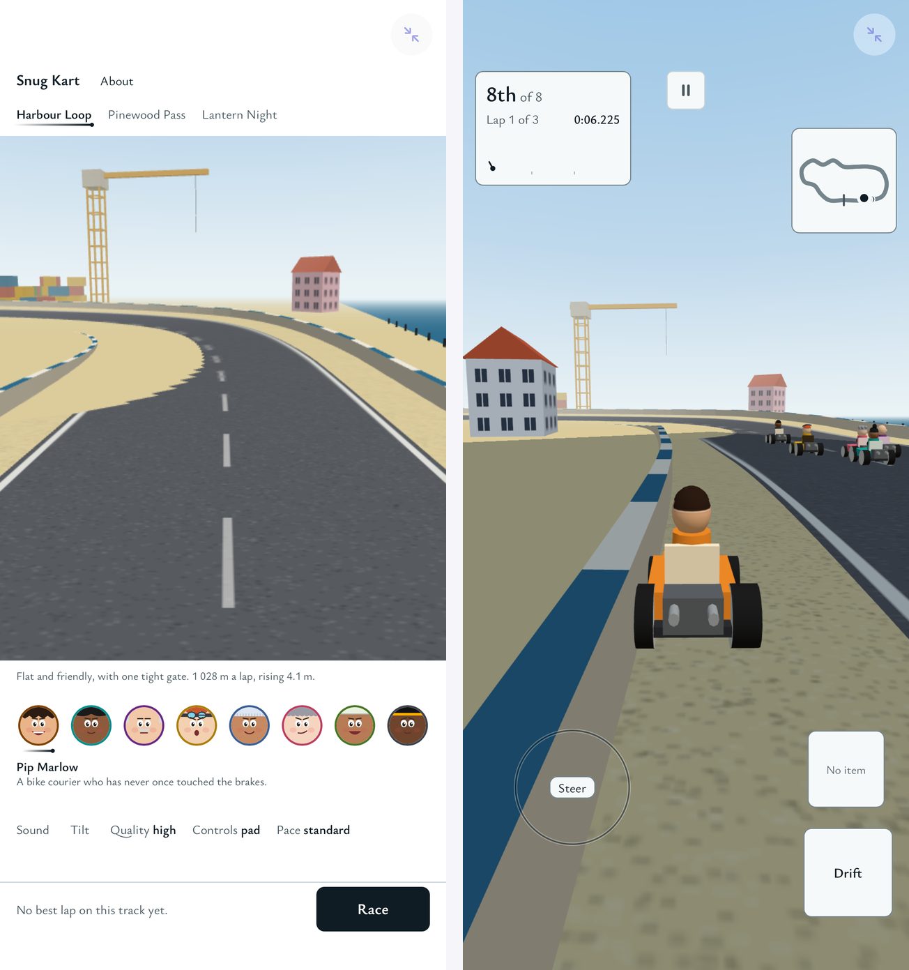 Snug Kart in Snuggery: the title screen with eight racers, and a race on Pinewood Pass